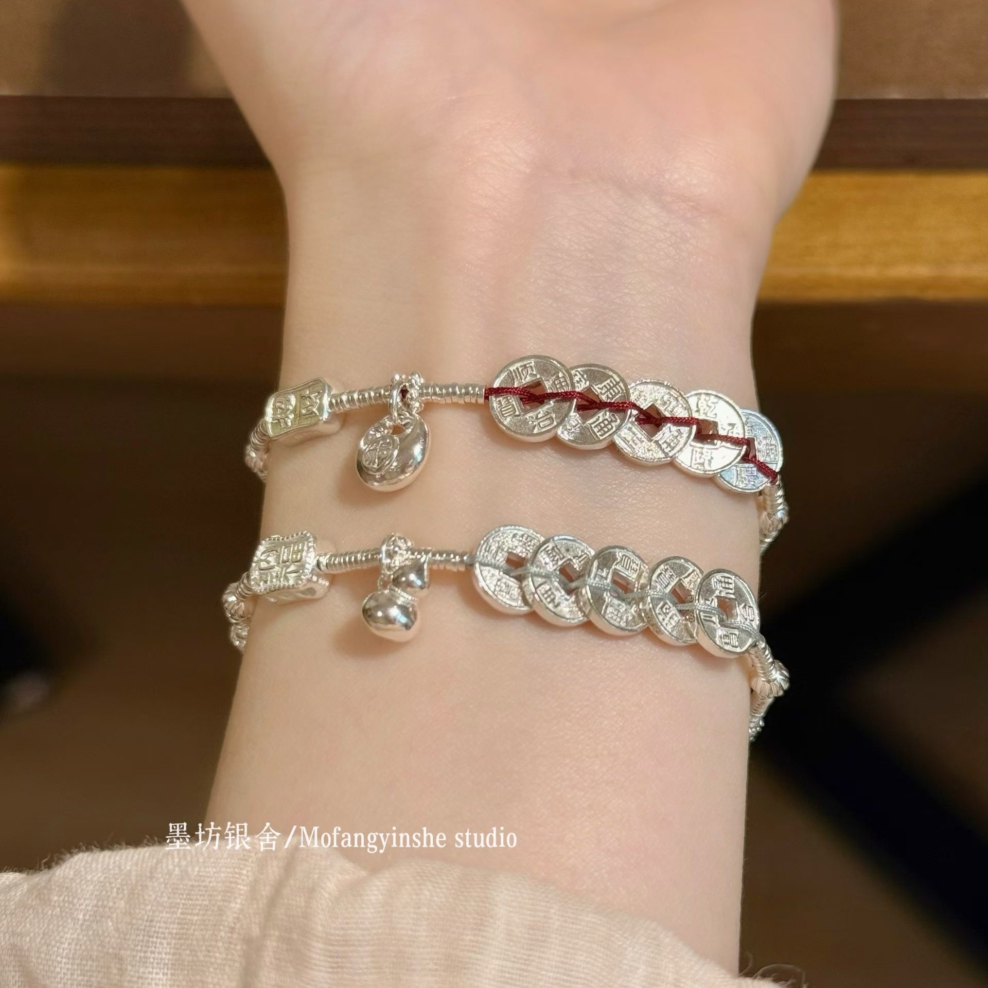 足银999五帝钱手链招财葫芦小胖福手工纯银盘缠手串小众高级礼物