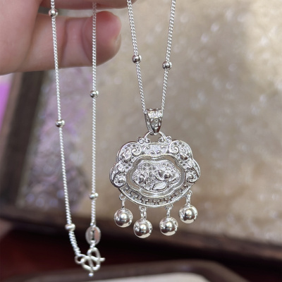 足银999灵动莲花平安锁纯银吊坠手工编织银项链女新中式银锁礼物
