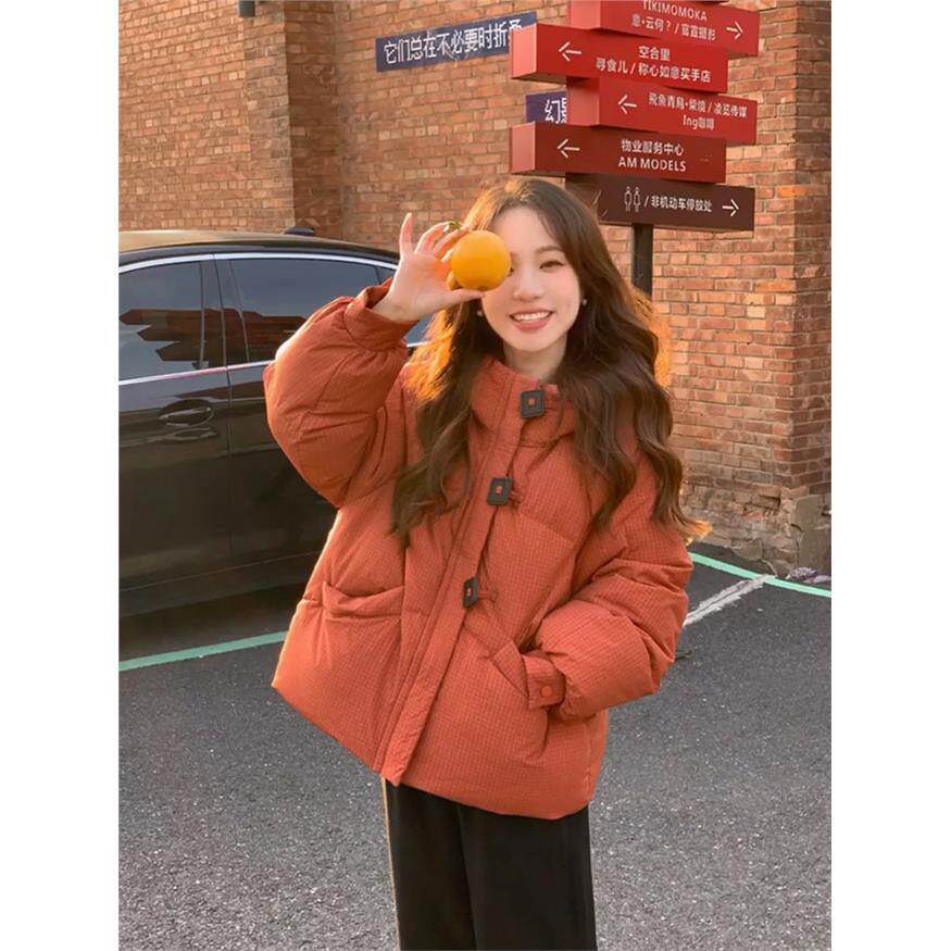 橘红色短款羽绒棉服女冬季2025新款韩系小个子连帽面包服外套加厚