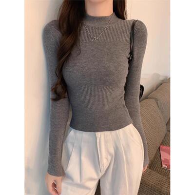 半高领长袖镂空针织衫女