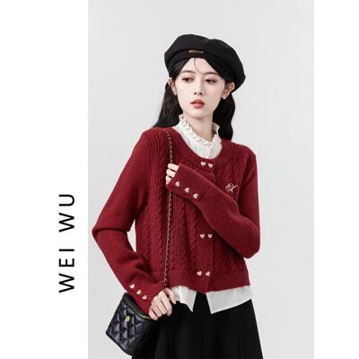 假两件红色针织开衫女春