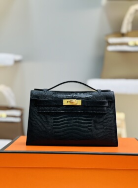 法国师傅纯手工缝制mini凯莉一代黑色金扣进口蜥蜴皮kelly1代女包