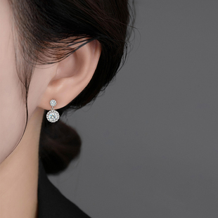 D色莫桑石耳环圆包耳钉18k白金钻石耳骨钉女款 耳饰超闪情人节礼物