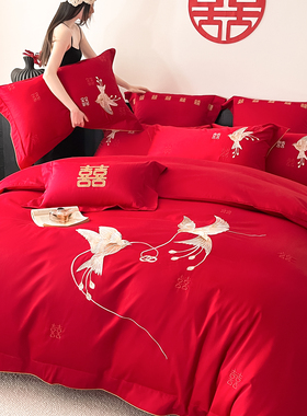 全棉大红色婚庆床上用品四件套新婚纯棉加厚磨毛结婚喜被床单被套