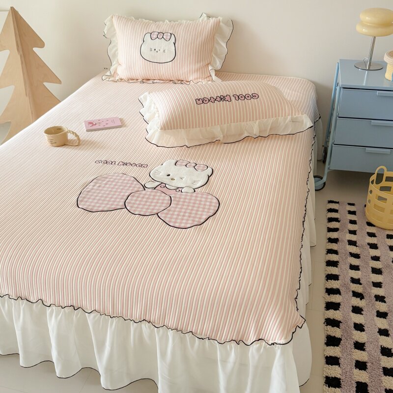 新款卡通刺绣冰豆豆凉席三件套蕾丝花边床裙夏天冰丝席空调软席子