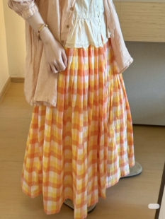 橘色格子棉麻连衣裙服装 面料薄软类型半米价格宽度1.4米