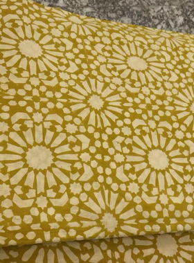 印度进口手工拓印mm同款巴格鲁风格黄剪纸黄太阳花长绒棉服装面料