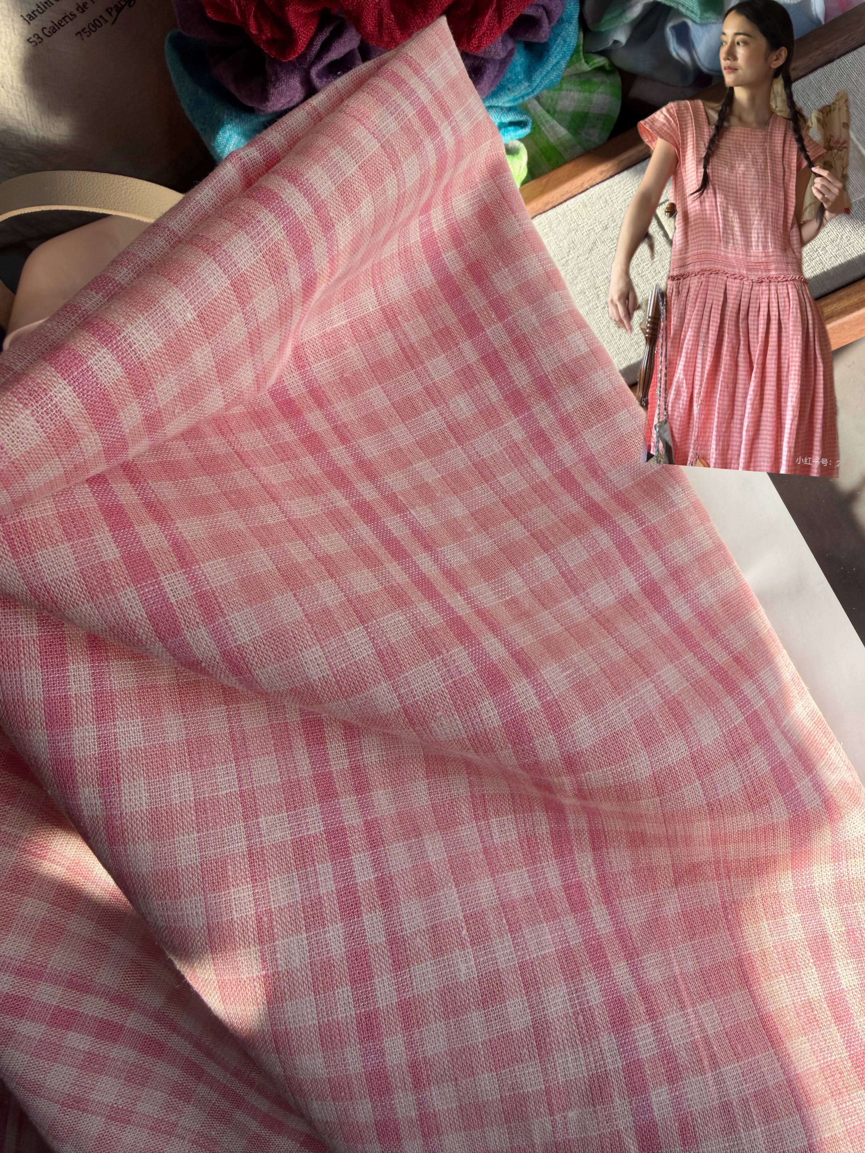 粉14支粉格子90亚麻10棉连衣裙服装面料半米价格宽度1.4米,纺织面料/辅料/配套,面料/布类,淘宝优惠券,粉丝福利购,淘宝优惠卷