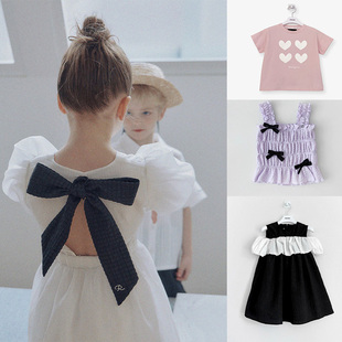 现货 RoanJane 25夏款 儿童女童泡纱吊带背心上衣T恤黑白连衣裙