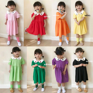 4折 现货韩国Edition 儿童女童水果刺绣棉质舒适短袖娃娃领连衣裙