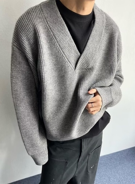 cleanfit灰色毛衣男款冬季保暖V领针织衫潮牌慵懒休闲内搭打底衫