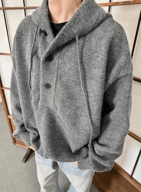 设计感小众灰色连帽毛衣男秋冬加厚保暖套头针织衫慵懒风宽松外套