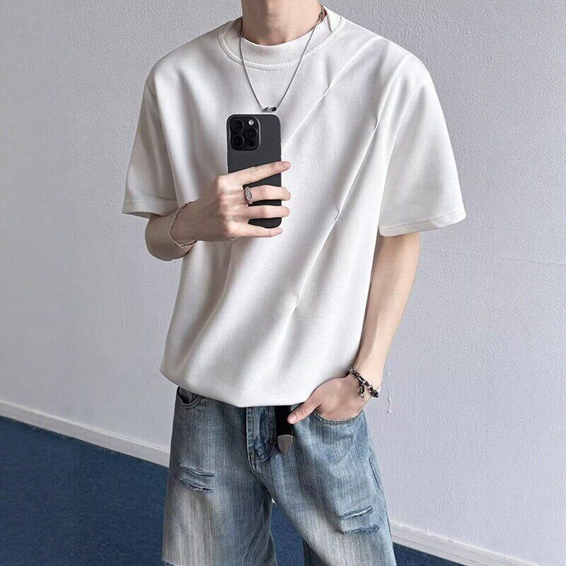 设计感褶皱纯色短袖T恤男夏装