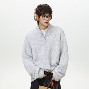 半高领毛衣男款2025秋季新款圈圈纱潮牌半拉链宽松复古针织衫上衣