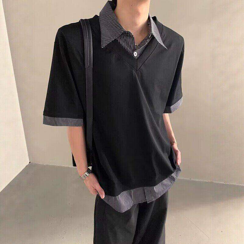 黑色假两件polo衫男士夏季高级感痞帅衬衫领t恤正肩条纹拼接短袖