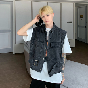 男生流行复古韩版大轮廓简约牛仔外套男潮水洗做旧牛仔工装马甲