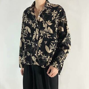ins港风长袖花衬衫男春季韩复古设计感潮流垂感痞帅小众衬衣