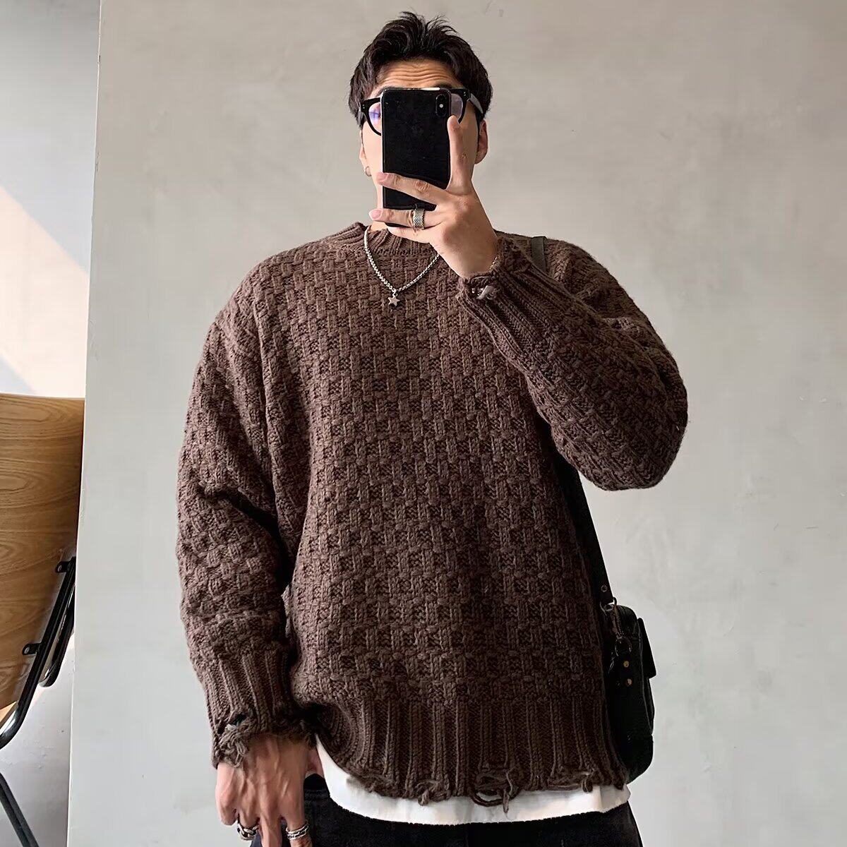 韩版本命年红色圆领套头毛衣男秋冬季慵懒休闲宽松打底内搭针织衫