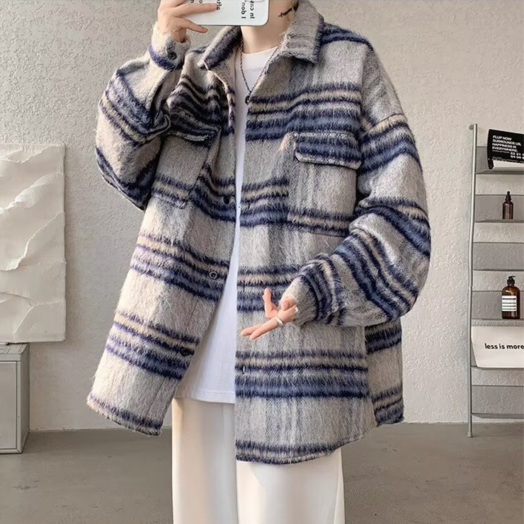 条纹毛呢小香风夹克男秋冬美式