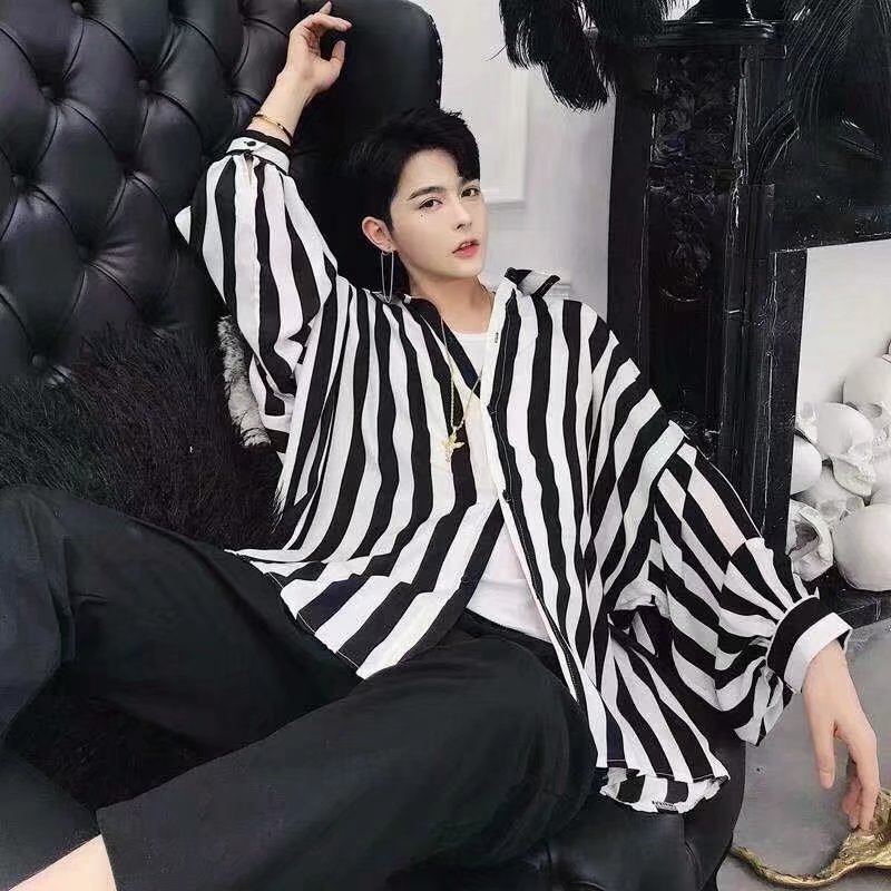 高级感黑白竖条纹衬衫男长袖潮流韩版气质时尚发型师潮牌帅气上衣