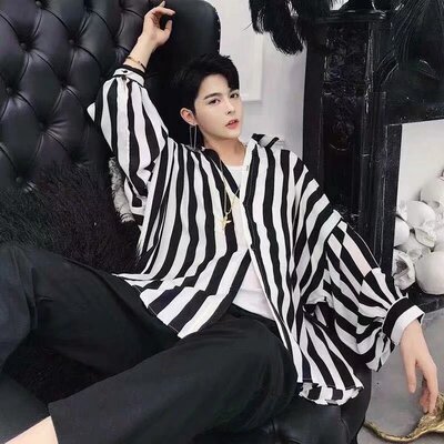 高级感黑白竖条纹衬衫男长袖潮流韩版气质时尚发型师潮牌帅气上衣