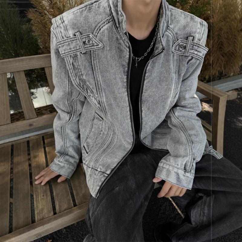 美式复古灰色短款正肩牛仔外套男