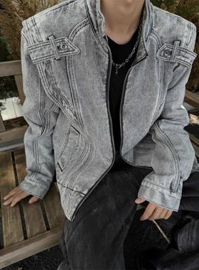 美式复古灰色短款正肩牛仔外套男小众设计感高级感拼接重工装夹克