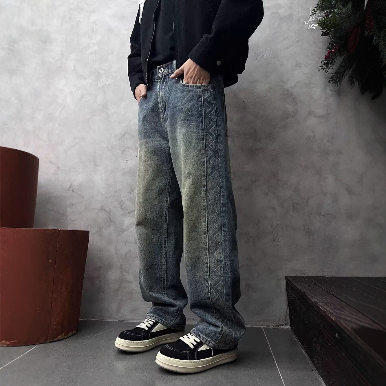 美式高街水洗复古牛仔裤男2025夏季潮牌宽松直筒cleanfit阔腿长裤