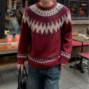 美式复古冰岛提花毛衣男高街宽松慵懒酒红色圆领保暖套头针织衫