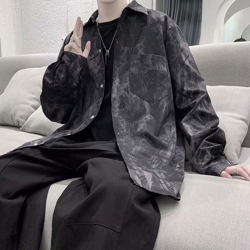 高级感炸街衬衫男长袖古着vintage花衬衣秋季ins潮牌痞帅男装外套