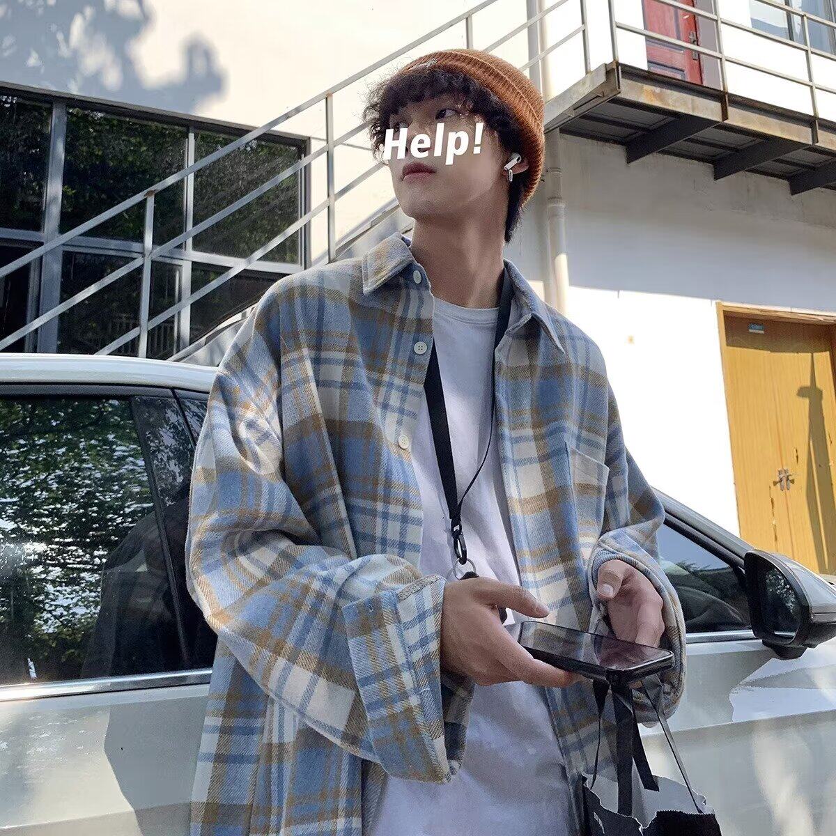 春秋季格子衬衫男生外套宽松青少年韩版潮流痞帅长袖衬衣上衣男款