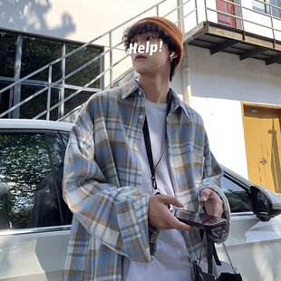 春秋季格子衬衫男生外套宽松青少年韩版潮流痞帅长袖衬衣上衣男款