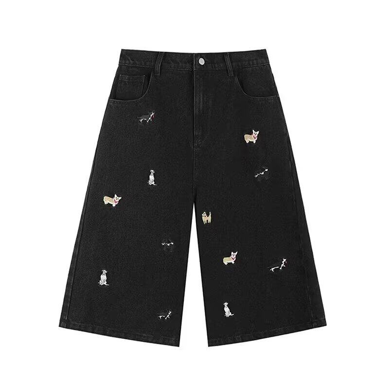 黑色趣味小狗刺绣牛仔短裤男夏季美式高街vibe裤子潮牌七分阔腿裤