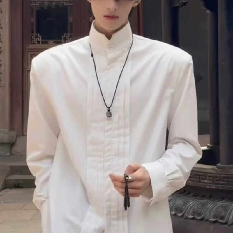 小众解构褶皱白色衬衫男高级感痞帅设计感禁欲系长袖衬衣唐装外套