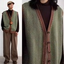 日系复古设计感绿色针织衫 马甲男ins原宿撞色流行文艺毛衣开衫