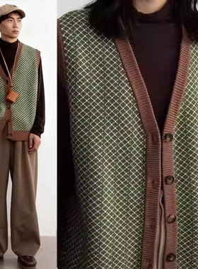 日系复古设计感绿色针织衫马甲男ins原宿撞色流行文艺毛衣开衫