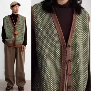 日系复古设计感绿色针织衫马甲男ins原宿撞色流行文艺毛衣开衫