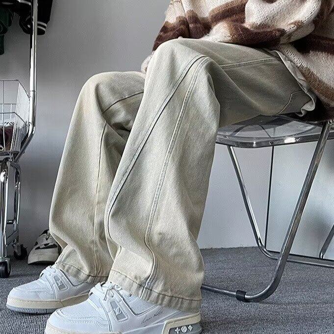 黄泥美式复古牛仔裤男士春夏新款痞帅炸街微喇高级感直筒裤子潮牌