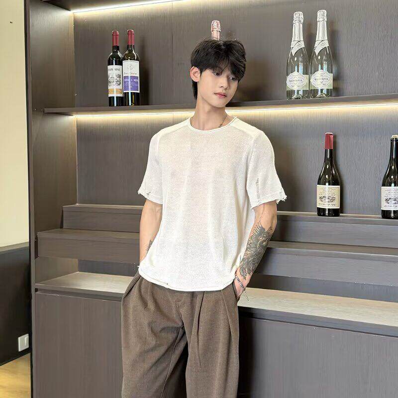 设计感卷边镂空针织短袖男夏季