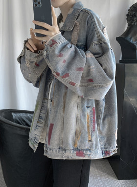 嘻哈炸街涂鸦做旧破洞牛仔外套