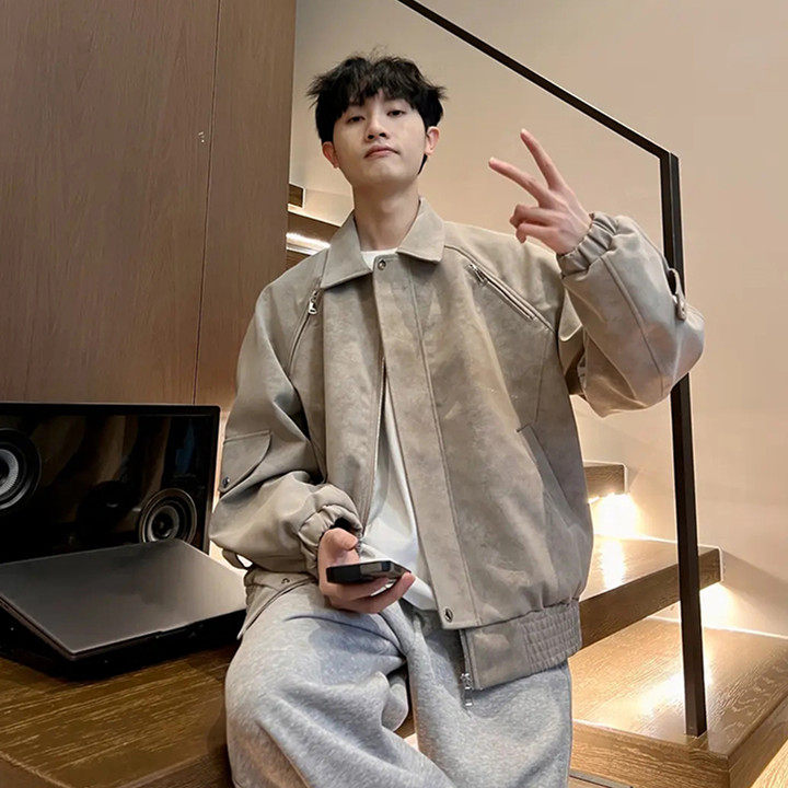 林社长2025春装新款高品质皮夹克美式休闲情侣宽松痞帅男夹克外套