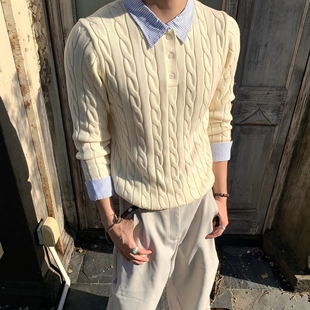 杏色绞花高知感假两件针织衫男女秋季老钱风polo衫正肩翻领毛衣男