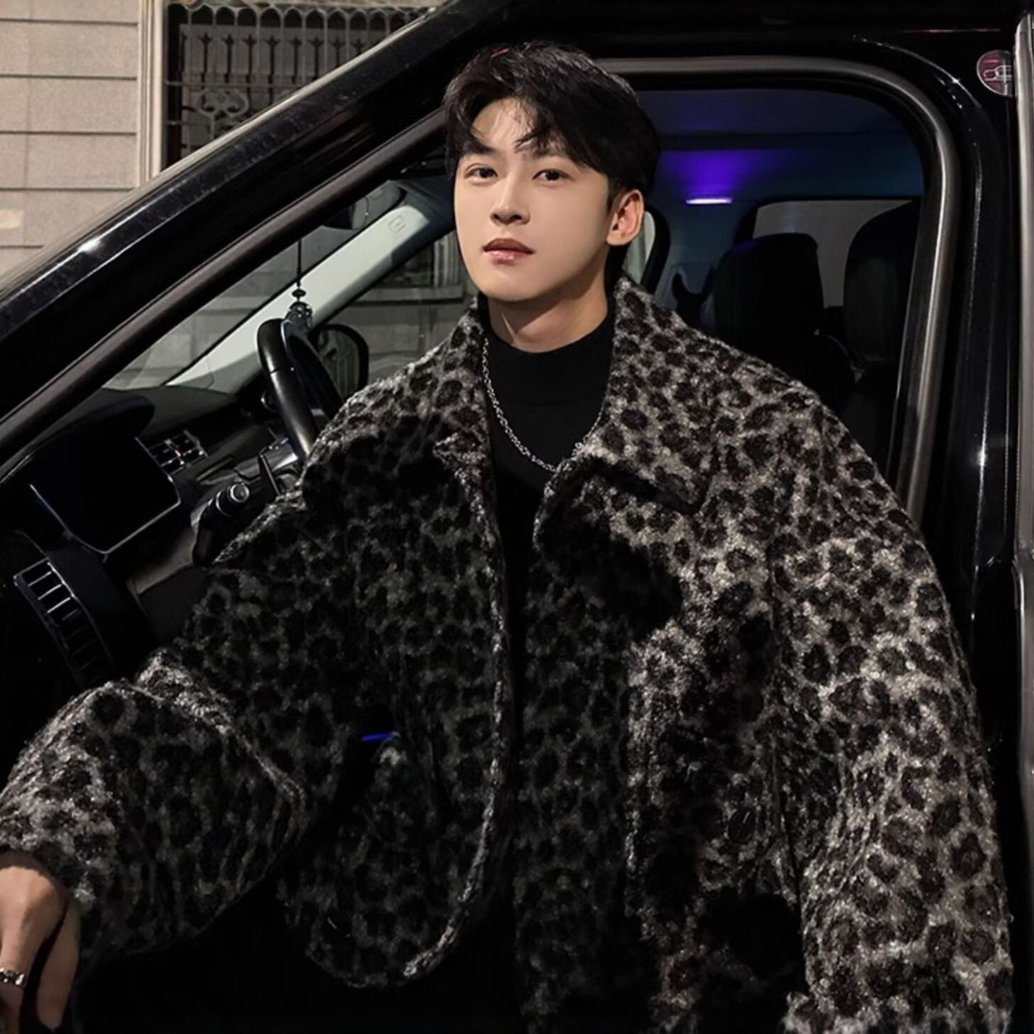 小香风豹纹呢子外套夹克男秋冬季潮牌炸街痞帅慵懒风高级毛呢大衣