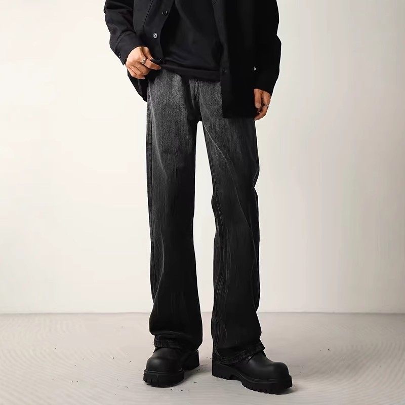 黑色牛仔裤男宽松直筒2025新款春秋季渐变男生微喇叭水洗长裤