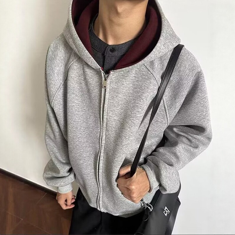 美式复古红内拼接连帽卫衣男秋冬款cleanfit重磅硬挺短款开衫外套