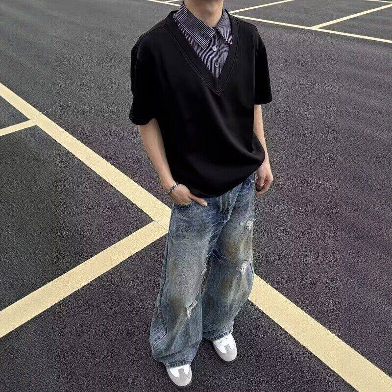 美式复古高智感假两件V领短袖POLO衫男夏季拼接翻领设计感长袖T恤