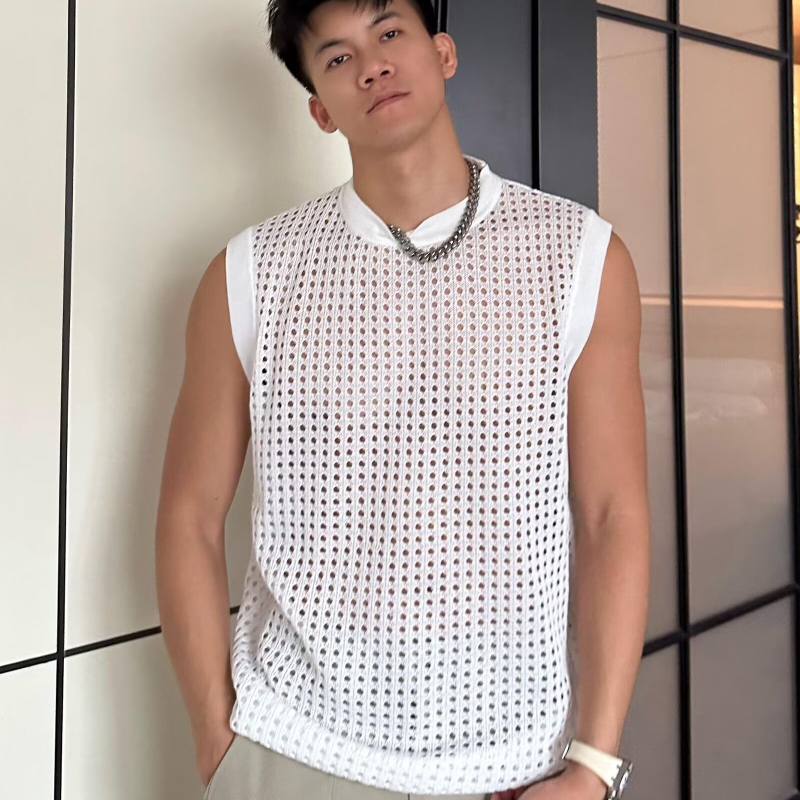 欧美潮牌镂空针织背心男健身运动