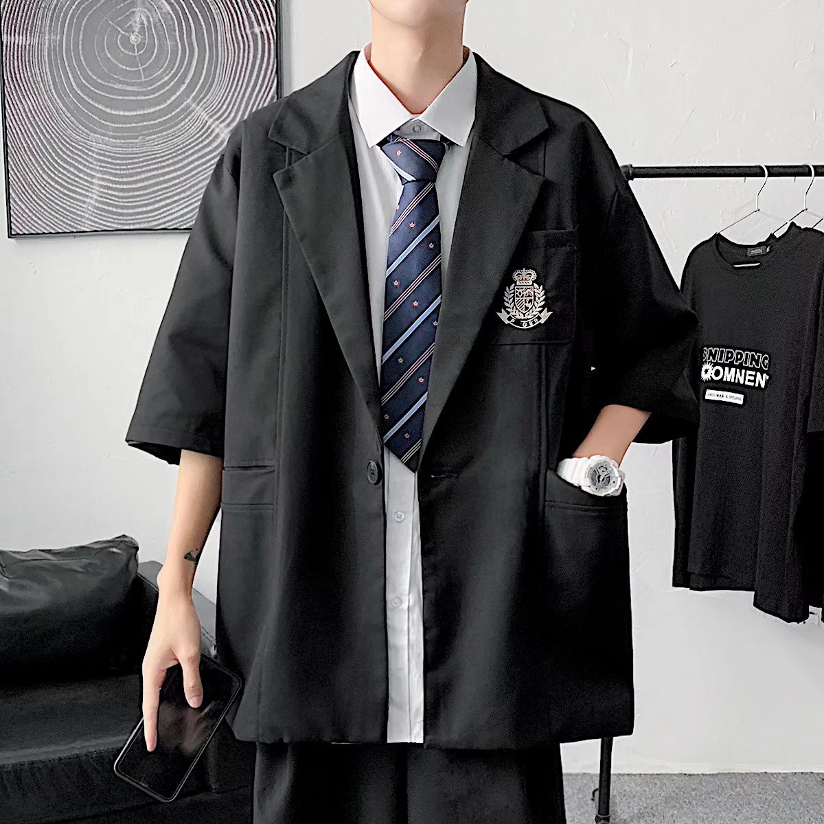 短袖西装外套男ins潮牌潮流帅气徽章宽松夏季DK制服学生休闲西服
