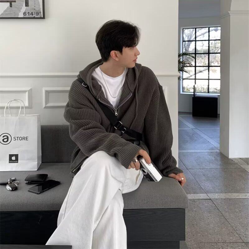 美式开衫毛衣男秋冬新款加厚慵懒风连帽针织衫韩版高级感拉链外套