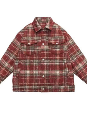 重磅美式复古红色格子夹克外套男春秋季帅气休闲百搭情侣衬衣外套